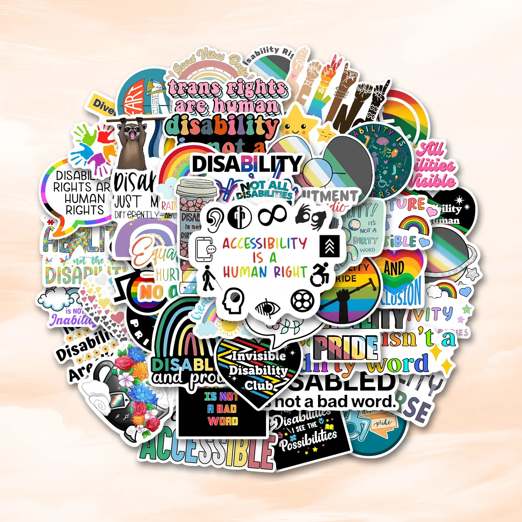 50Pcs Disability Rights Stickers Pack, Sticker Packs, Waterproof Inclusion Accessibility & Neurodiversity Vinyl Decals for Laptop, Water Bottle, Journal & Scrapbook, Equality Advocate Gift, Self Adhesive Stickers