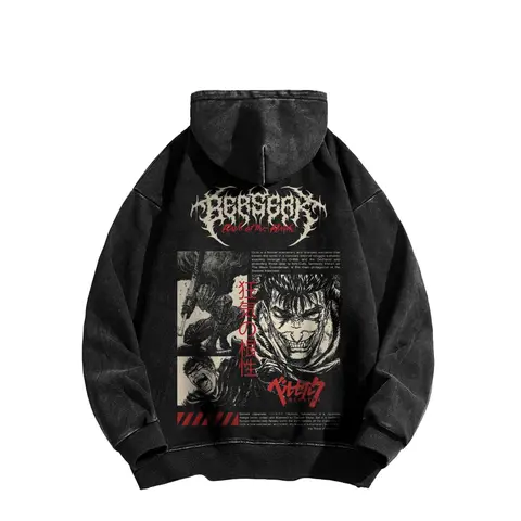 A hooded sweatshirt featuring the protagonist from *Berserk*, made with American-style washed fabric, standard American fit, men's washed hooded sweatshirt, made in the USA, street style hooded top.