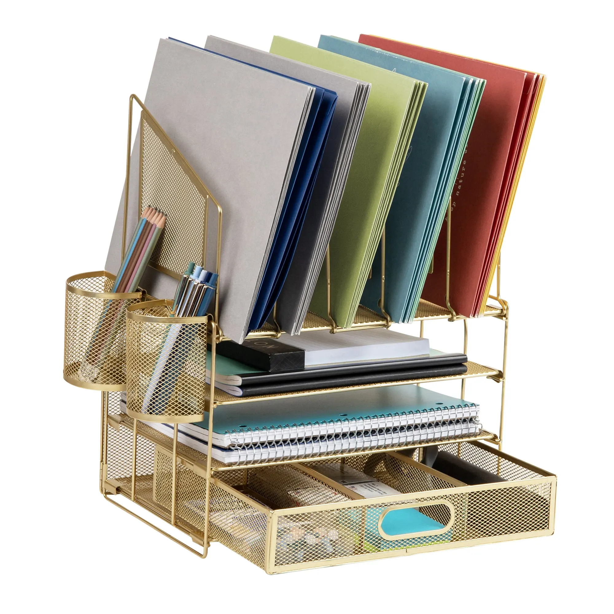 Office Depot® Brand Mesh Desk Organizer With Vertical Storage And Pen Holders, 16"H x 12-3/4"W x 9-1/2"D, Gold