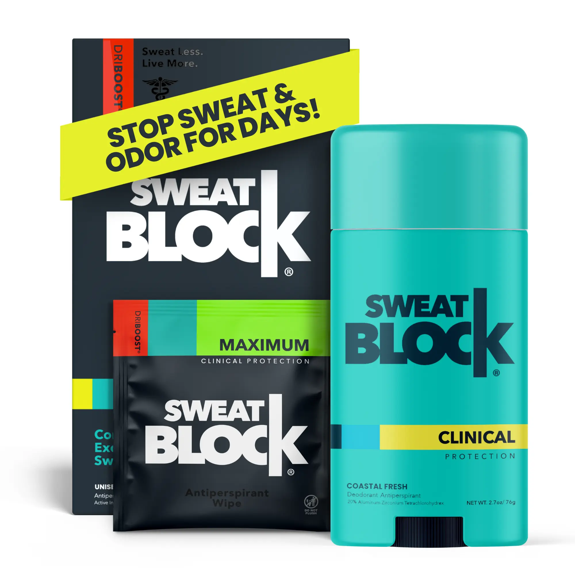 SweatBlock Clinical 2-Step Sweat & Odor Antiperspirant & Deodorant System - 10 Wipes Included - Maximum Clinical Protection - Coastal Fresh Scent - Doctor Created, Doctor Recommended - Aluminium
