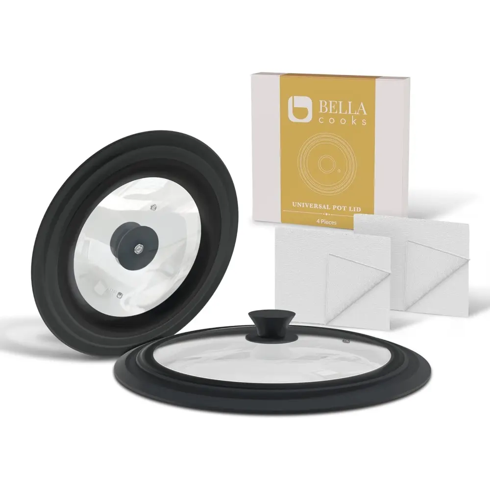 2-Set Universal Tempered Glass Pot Lids - Multi-Size Rim Fits 7"-12" Diameter Cookware, High Heat-Resistant Silicone Rim & Handle, Integrated Steam Vent, Easy Monitoring, Dishwasher Safe, Includes 2 Cotton Rags, Set Of Two