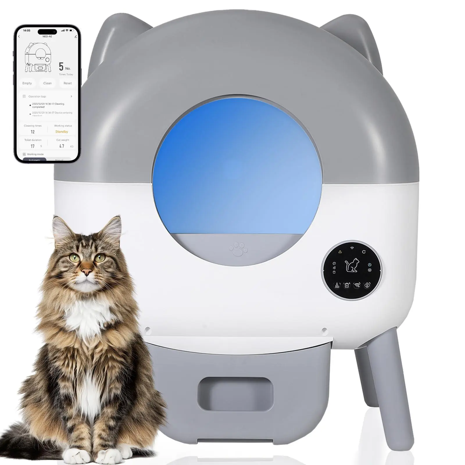 Automatic Litter Box - Smart App Control, Self-Cleaning, Safety Sensors, Low Noise, Extra Large Capacity, Washable Tray, Included Trash Bags, Light Gray