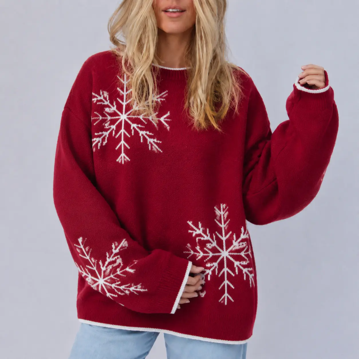 Women's Snowflake Jacquard Sweater, Comfortable Baggy Crew Neck Knit Pullover, Casual Soft Tops for Autumn Winter, Fabric, Elegant, Snowflake Jacquard Knit Pattern, Unisex Look, Pullover Sleeves, Folded Women's Pullovers