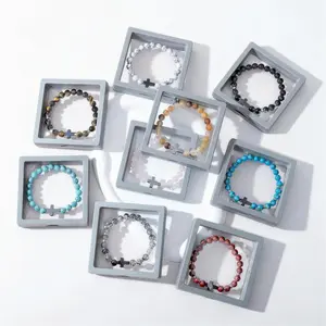 Cross Beads Bracelet for Men Women 8MM Beaded Couples Lava Rock Turquoise Tiger Eye Natural Healing Stretch Elastic Bracelet Adjustable Size 6.3-12.6 Inches