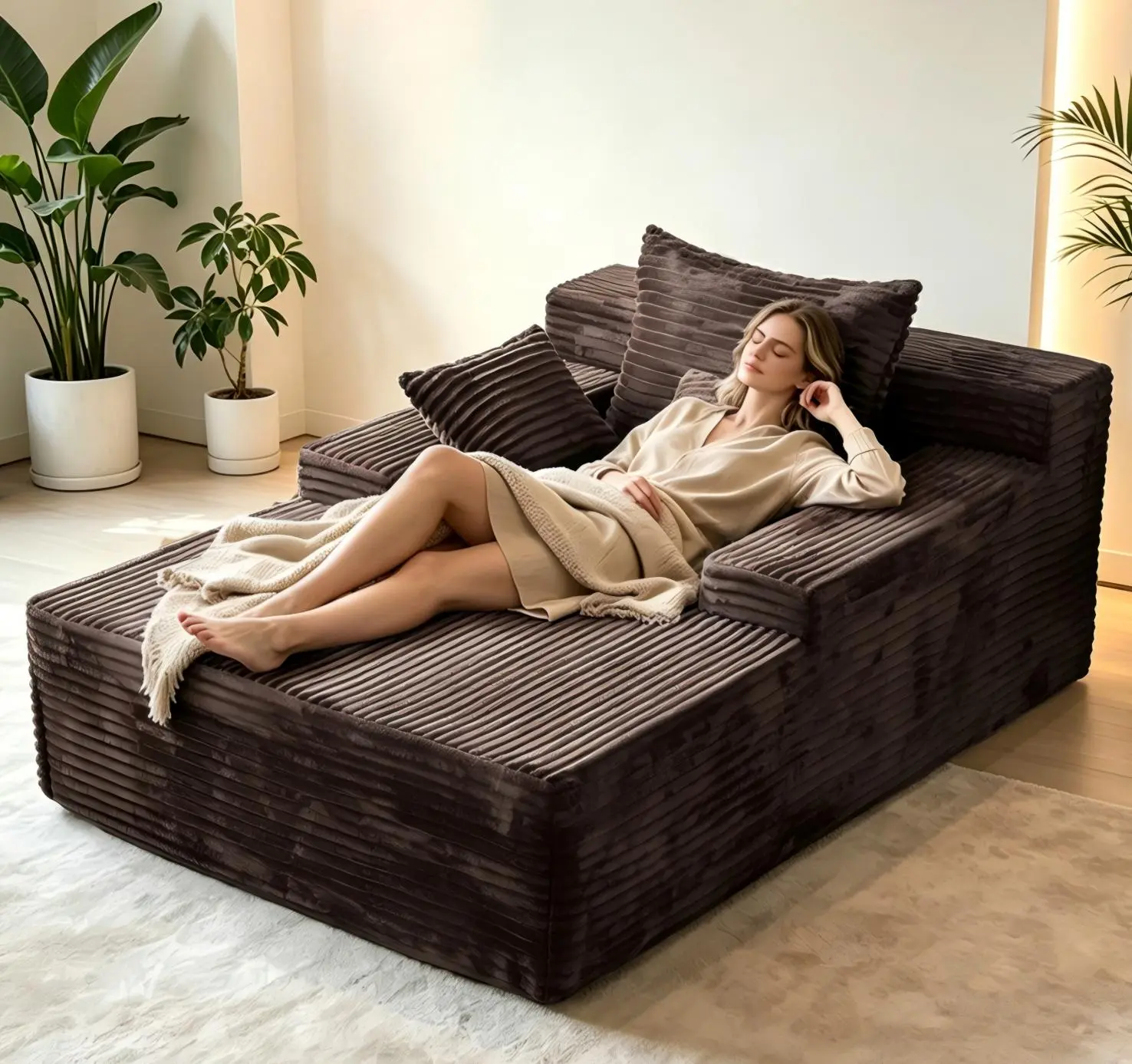 Orienflex 67 in Ribbed Brown Corduroy Sleeper Sofa, Oversized Boneless Chaise Lounge Chair with 67x48x24" Deep Seat, Wide Fixed Armrests, 3 Pillows, No Assembly Required, Upholstered Recliner Loveseat