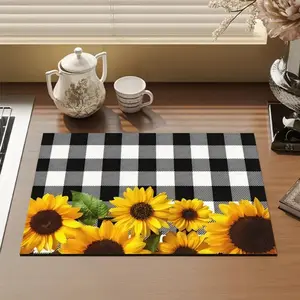 Sunflower kitchen absorbent pad with black and white checkered edges and yellow sunflowers, Kitchen decorative placemat, countertop protector, suitable for coffee machines, sinks, dishwashers, decorative kitchen pads, oven pads