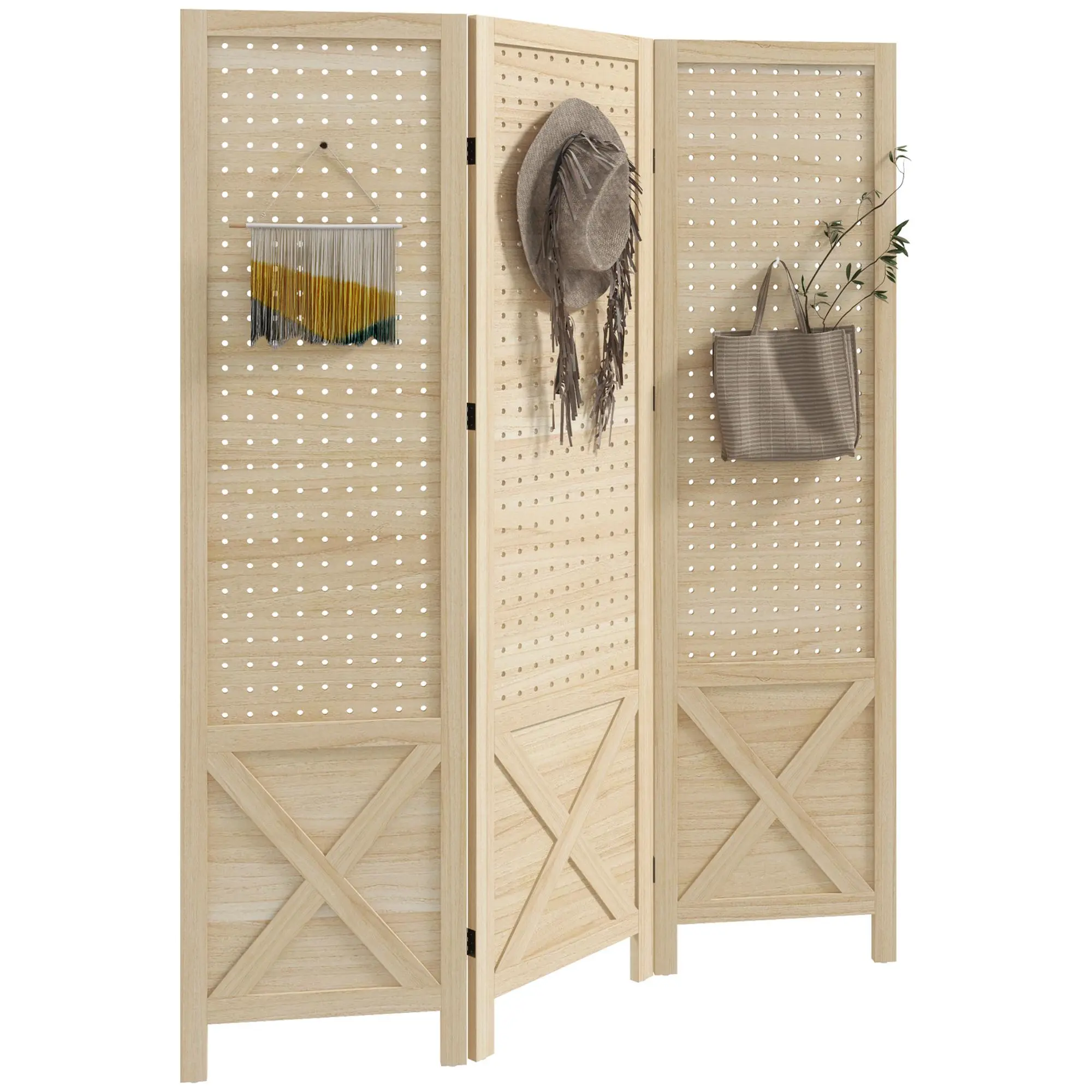 HOMCOM 4-Panel Wood Frame Pegboard Display Room Divider, 4.7' Tall Ready-to-Use Indoor Portable Folding Privacy Screen Partition Wall for Home Office, Natural, Wood Frames, Dividers Room Dividers, Four-Panel Room Dividers
