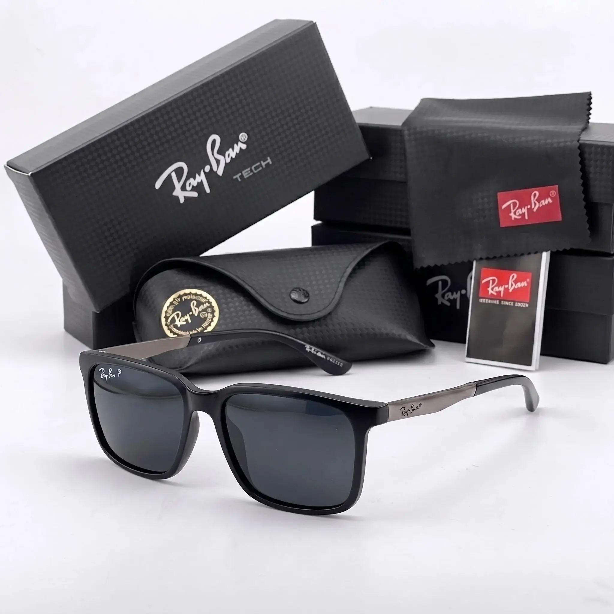 Tech Black Square Sunglasses for Men & Women, Classic Full-Rim Dark Lens Eyewear, Unisex Driving Travel Fashion Shades with Full Box, Case, Cleaning Cloth & Card