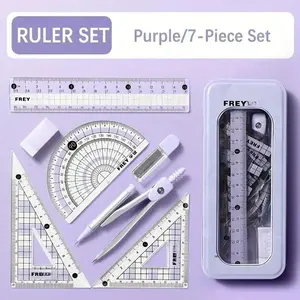 Ruler Set with Storage Box, Measuring Ruler, 7 Counts/set Including Compass & Ruler & Protractor & Eraser & Refill, Stationery Supplies for School Students Dormitory Home Office