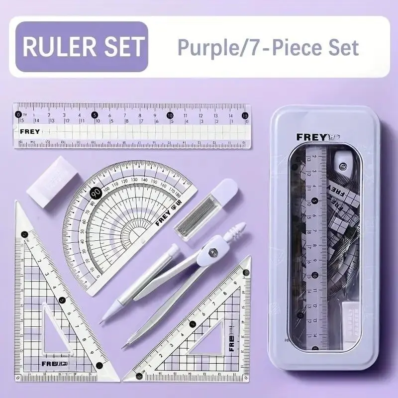 Ruler Set with Storage Box, Measuring Ruler, Measuring Instrument, 7 Counts/set Including Compass & Ruler & Protractor & Eraser & Refill, Multifunctional Stationery Supplies for School Students Dormitory Home Office