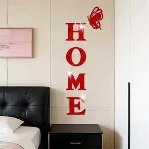 5PC， Red HOME with butterfly acrylic mirror Decorative wall sticker, suitable for home decoration living room, bathroom, bedroom background wall decoration, home decoration lintel decoration, DIY detachable Removable wall sticker