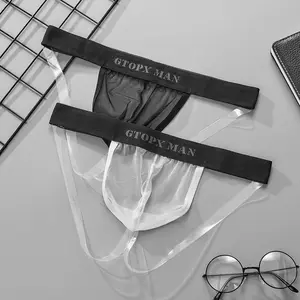 Mens sexy double strap thong underwear transparent mesh ice silk t back g string open back lingerie briefs lightweight breathable stretchy thin design low rise exotic underwear novelty erotic lingerie non 100 percent cotton