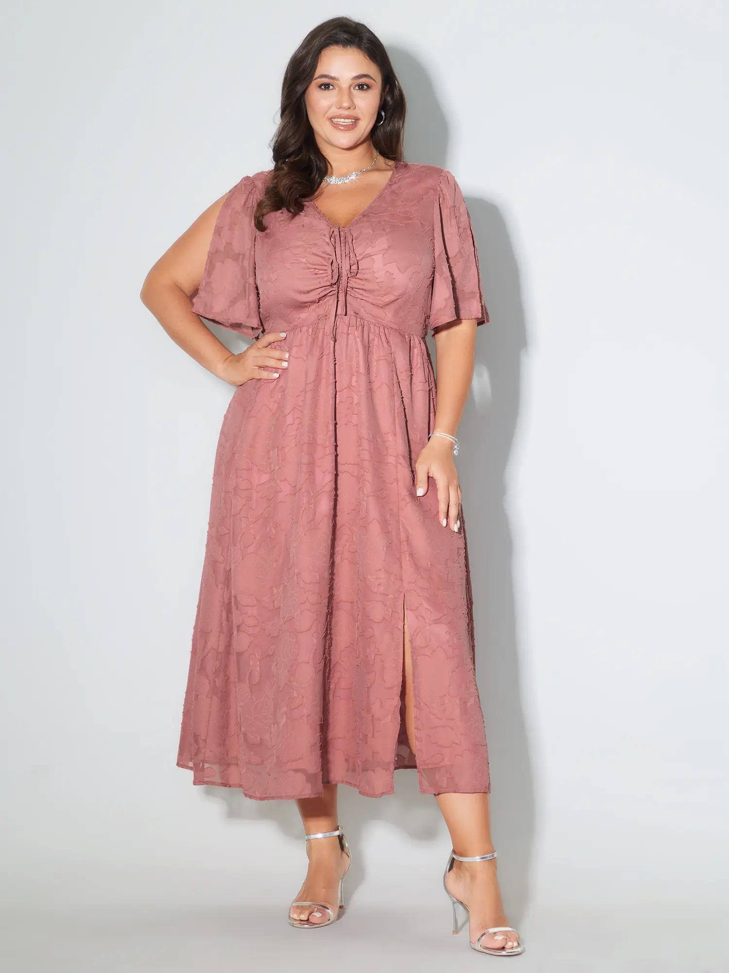 Women's Feminine Jacquard Full-Length Casual Dress - Textured Polyester, Drawstring Waist, Slit Design, Sleeved, Swimweek-Ready, Feminine Casual Dresses, Jacquard Casual Dresses Summerfinds