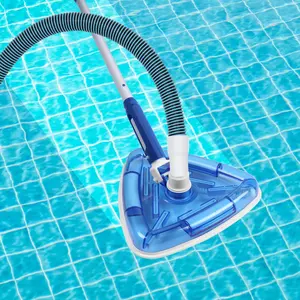 Manual Pool Vacuum Set: Head Attachment + Cleaning Pole For Inground & Above Ground Pools | Weighted Clear Triangle Suction Head With Bristles| Swivel Hose 1-1/4 or 1-1/2’’