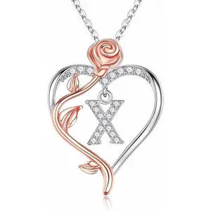 925 Sterling Silver Rose Heart Initial Necklace For Women Elegant Personalized Jewelry For Wife Girlfriend Mom Daughter Anniversary And Birthday Gifts
