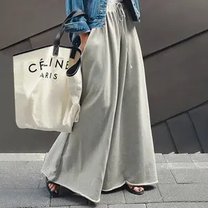 Leg Solid Color Pants - Simple & Comfortable Drawstring Waist Cuffed Baggy Oversized Cotton Light Gray Minimalist Women's Bottoms