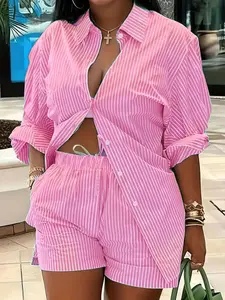 【Plus Size】 Two-Piece Set Striped Print Button Front Shirt & Elastic Waist Shorts Set, Casual Drop Shoulder Long Sleeve Top & Pocket Shorts, Fitted Women's Spring & Fall Outfits, Summer Outfits Set, Womenswear