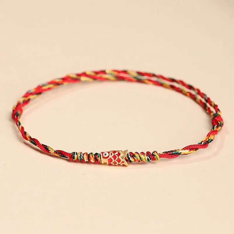 Ethnic Handwoven Good Luck Koi Fish Red Braid Rope Bracelet - Unisex Handmade Woven Anklet, Graduation Gift for Students