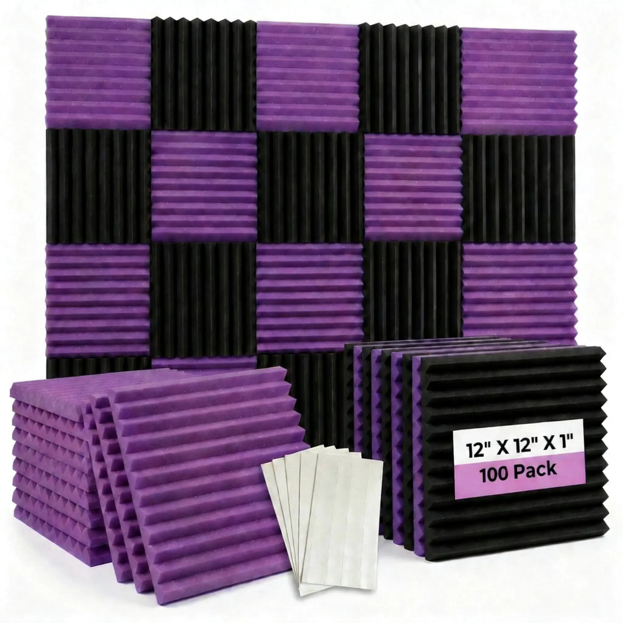 100 piece (black and purple) acoustic foam panel is applicable to the wall, 1 X 12 X 12 inch (about 30 * 30 * 2.5 cm) acoustic foam panel, high-density sound absorption panel, black noise reduction studio wedge