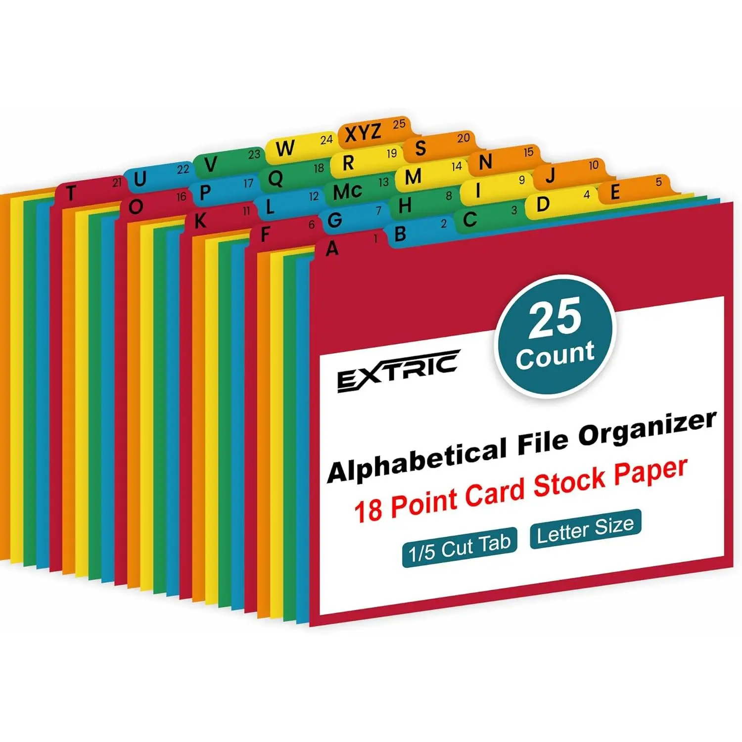 Alphabetical File Organizer with 25 A-Z Alphabet Dividers, 5 Assorted Colors 1/5 Cut Tabs, 25 Count Office Filing Accessory for File Cabinet & Desk Organization (Standard Letter Size)