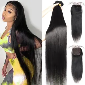 4x4 Closure with Hair Bundles Brazilian Straight Human Hair Bundles 3 Bundles Hair With Lace Closure Bone Straight Quick Weave Hair Extensions