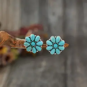 Vintage Bohemian Turquoise Alloy Stud Earrings - A New Pair of Synthetic Flower Inlaid