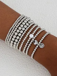 Women's Elegant CCB Beaded Bracelet Set, 10pcs/set Faux Pearl & Heart Decor Beaded Bracelets, Fashionable Jewelry for Women & Girls for Daily & Party Decoration, Bracelets Stacking, Elegant Bangle, Stackable Bracelets
