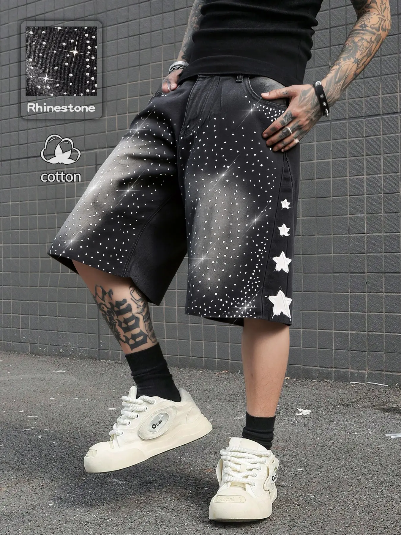European and American style men's summer casual denim shorts, featuring rhinestone decoration design, are casual, versatile, and fashionable for both men and women, making them the perfect choice for daily wear, Casual Pocket Shorts, Bottoms