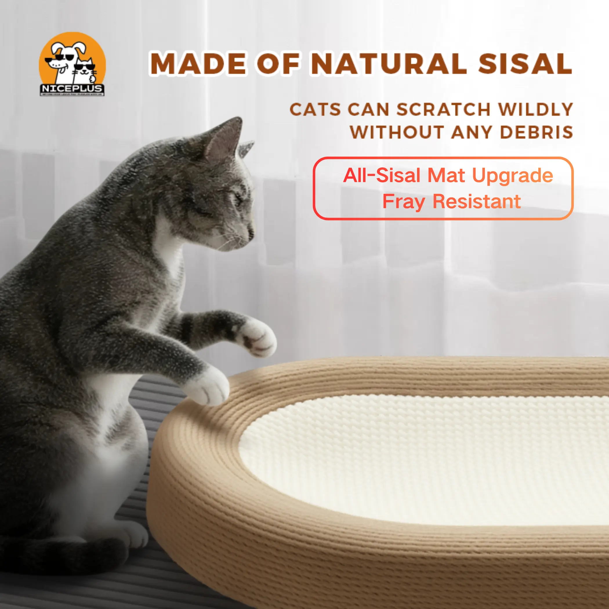 NICEPLUS Pet Sisal Cat Scratcher Cardboard Lounge Bed - Multi-Purpose Dog & Cat Furniture, 24x15x3.5 Inch, Anti-Slip Design, Ideal for Indoor Cats