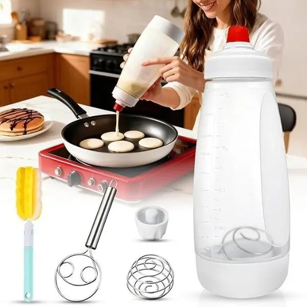 4.5-Cup Wide Mouth Mess-Free Pancake Batter Dispenser Bottle Kit, Kitchen Bakeware Utensils with Stainless Steel Whisk, Shaker Ball and Brush for Pancakes, Waffles, Crepes, Playful