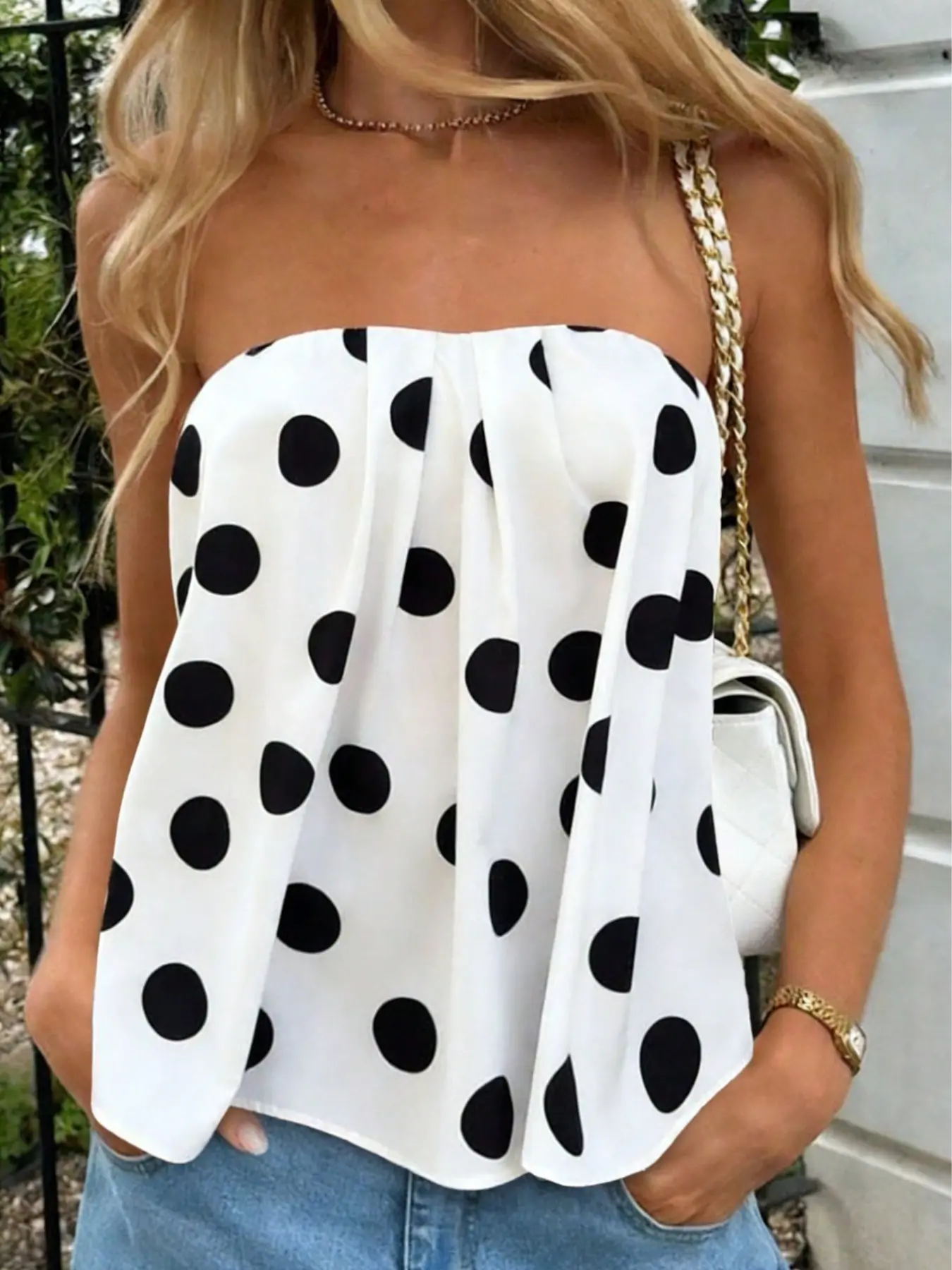 Womens polka dot strapless tube top loose fit bandeau blouse Casual summer going out top retro dot print camisole streetwear vacation beach outfit, Casual Beach Tank, lightweight sleeveless summer top, Casual Flattering Sleeveless