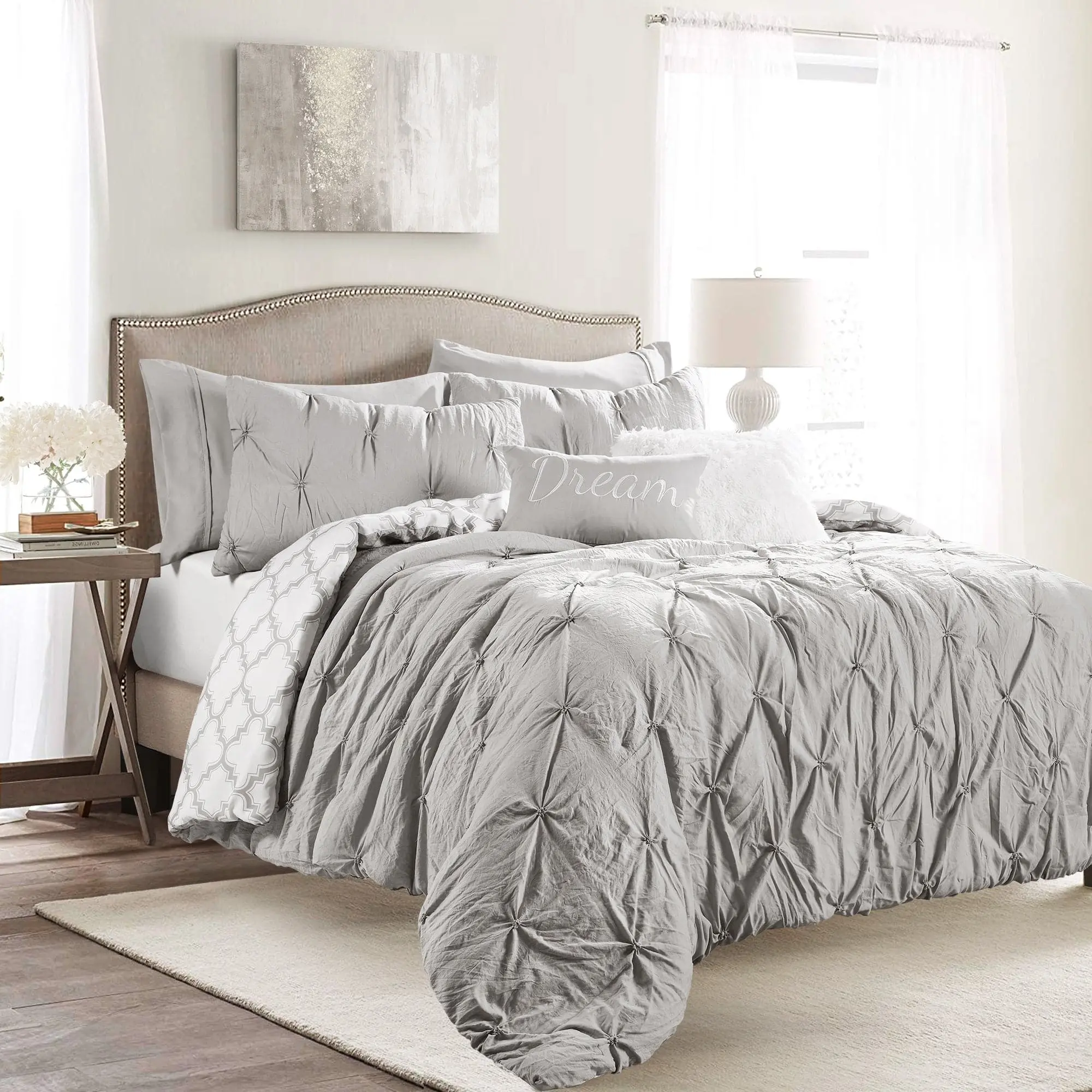 Lush Decor Ravello Pintuck Caroline Geo 5 Or 7 Piece Comforter Set - Reversible Geometric Print, Twin-XL ,Full/Queen& King Sizes, OEKO-TEX Certified, Bed Cover Set, Comfy Bedding Set