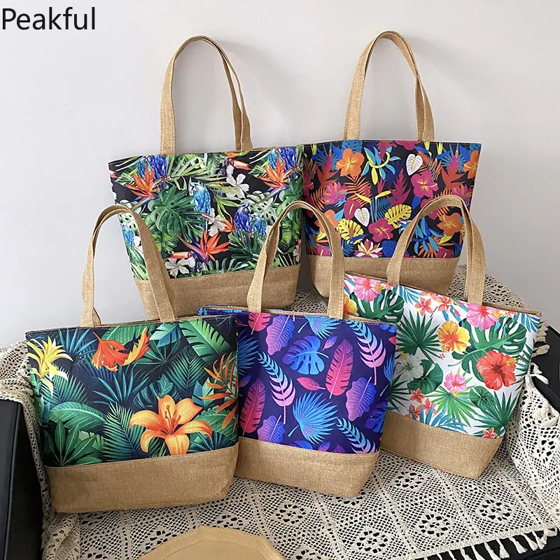Summer Tropical Pattern Handbag, Viral Holiday Beach Tote, Multi-purpose Canvas Bag for Travel & Daily Use, vibrant tropical design & reinforced stitching, comfortable grip, ideal for weekend getaways, pool days and casual outings