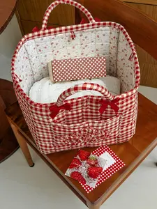 Red White Gingham Quilted Tote Bag with Bow & Ruffle Heart, Large Capacity Casual Cotton Handbag for Picnic, Travel & Daily Use, Quilted Purse Bags, Casual Handbags