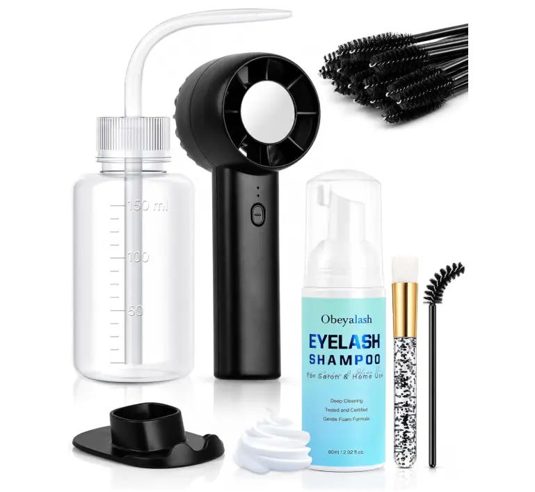 Lash Shampoo Kit, Oil-Free Eyelash Cleaner for Extensions Kit | Oil-Free lash wash foam removal makeup and oil, keeping extensions cleaning with brush, rinse bottle and fan for home