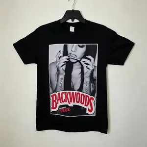 Cool “Backwoods” printed black oversized baggy T-shirt, 100% cotton crew neck short sleeve boxy graphic tee for men—summer streetwear, Y2K festival skater casual outfits