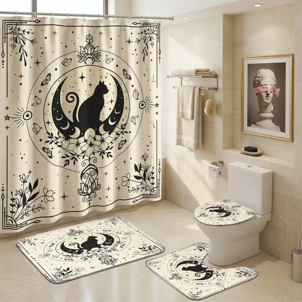 4pcs Mystical Gothic Bathroom Accessory Set, Celestial Cat Silhouette Shower Curtain Sets, Toilet Seat Cover, Floral Bath Mats, Spooky Halloween Theme, Bathroom Decor And Accessories