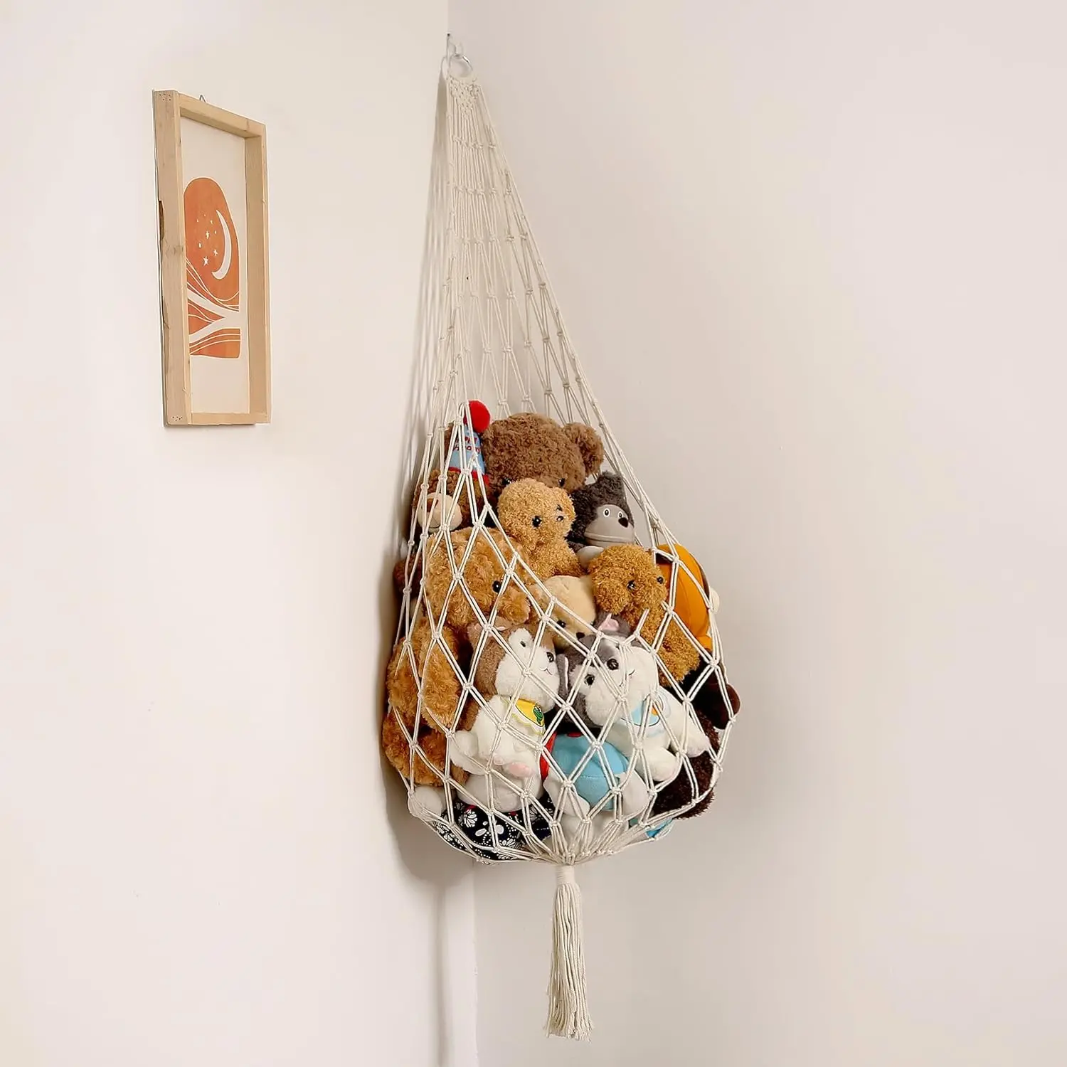 Cream Boho Tassel Macrame Stuffed Animal Hammock - 60" L Space-Saving Hanging Corner Wall Organizer with Hooks, Over-the-Door Plush Toy Holder, Kid Bedroom Decor, Organizes Toys, Great Gift for Baby Showers