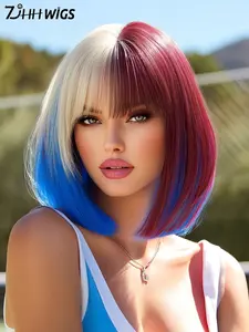 Red White & Blue Wigs for Women 12 Inch Short Straight Wig with Bangs Synthetic Heat Resistant Wig for festival Fan Zone Support