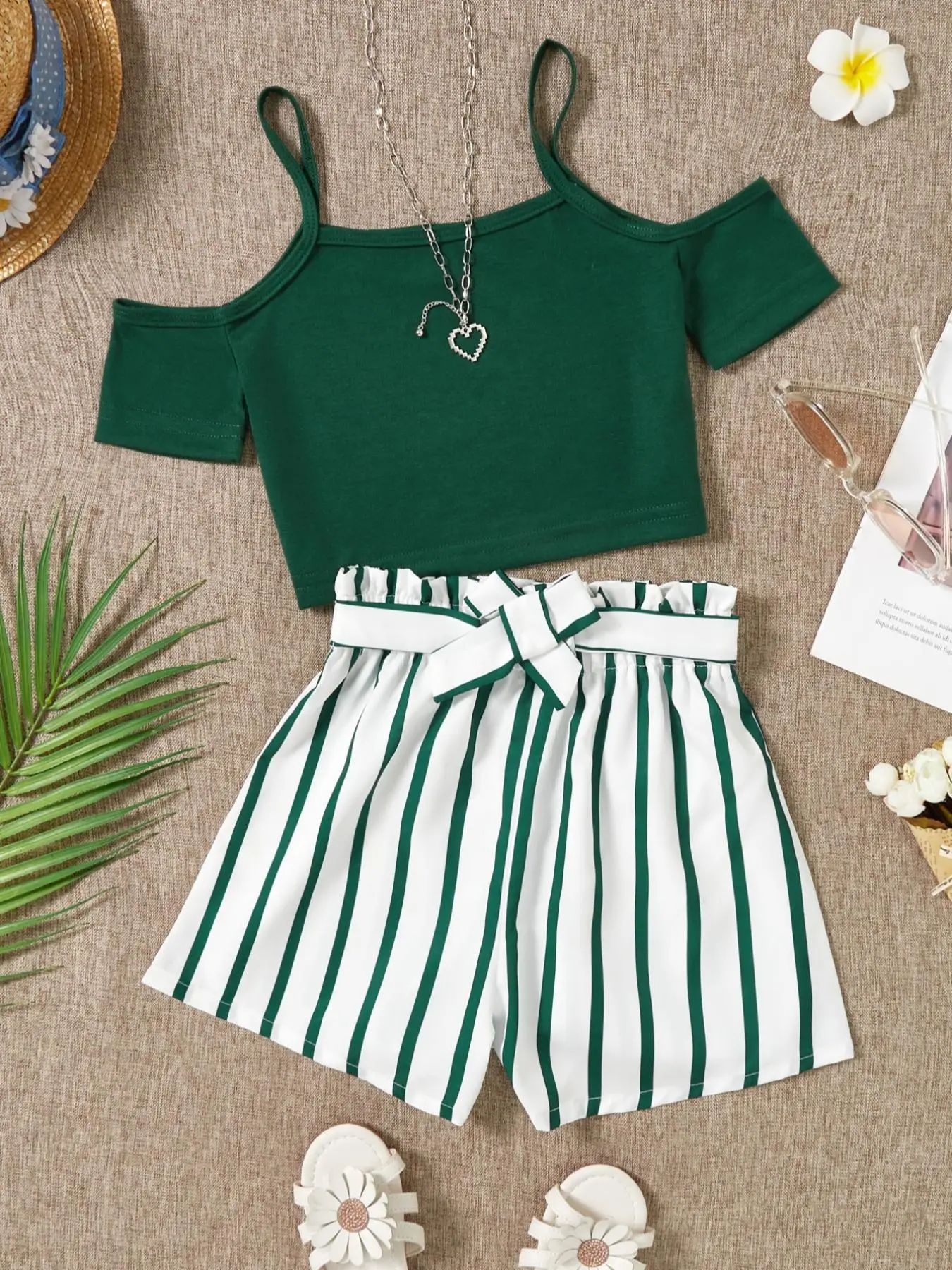 Girl's 2pcs Solid Cold Shoulder Crop Tee & Striped Print Belted Shorts Set, Casual Short Sleeve T-shirt & Elastic Waist Shorts, Kids Summer Clothes, G