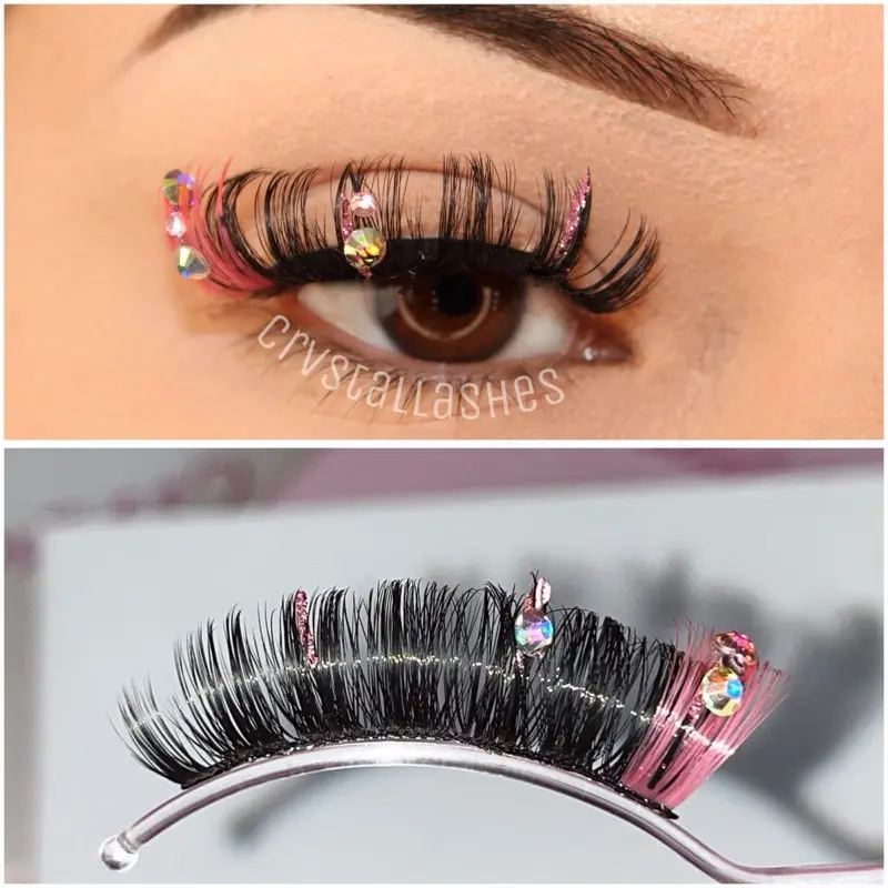 “Pretty Please” 15mm Pink Gem Wispy Lashes High Quality Faux Mink Reusable False Eyelashes for Makeup & Cosmetic Use with Crystal Accents Volumized Curly Mega Volume