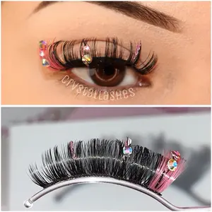 “Pretty Please” 15mm Pink Gem Wispy Lashes High Quality Faux Mink Reusable False Eyelashes for Makeup & Cosmetic Use with Crystal Accents