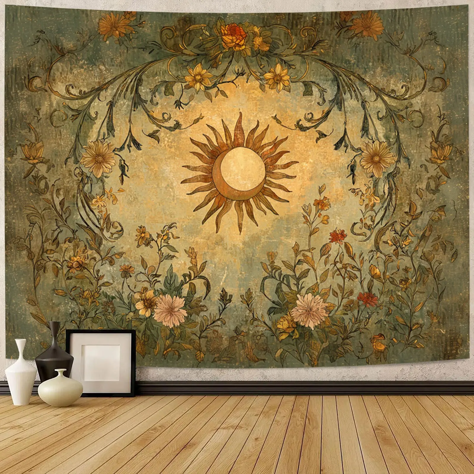 Bohemian Vintage Tapestry Wall Hanging Floral Sunburst Mandala Art Print Large Hippie Room Decor for Living Room Bedroom Dorm Office, Fade-Resistant Soft Polyester Easy Hang with Rustic Clips, Gift for Housewarming