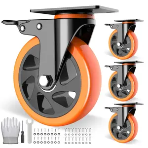 5 inch Casters Wheels, Heavy Duty Casters Set of 4 Load 2400lbs with Brake, Locking Swivel Plate Caster, Industrial Castor Wheels for Carts,Furniture and Workbench(Free Screws and Spanner)
