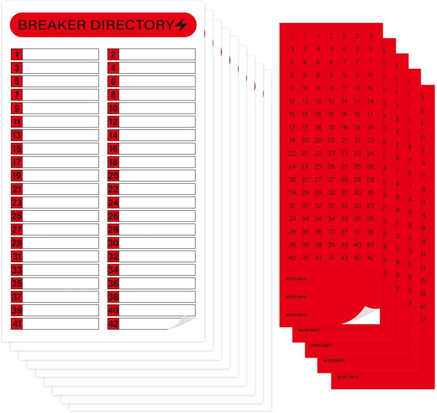 16 Sheets Durable Self-Adhesive Electrical Breaker Panel Labels - 12” x 7.1” Writable Door Panel Stickers for Quickly Identifying, Organizing Individual Circuits (Red)