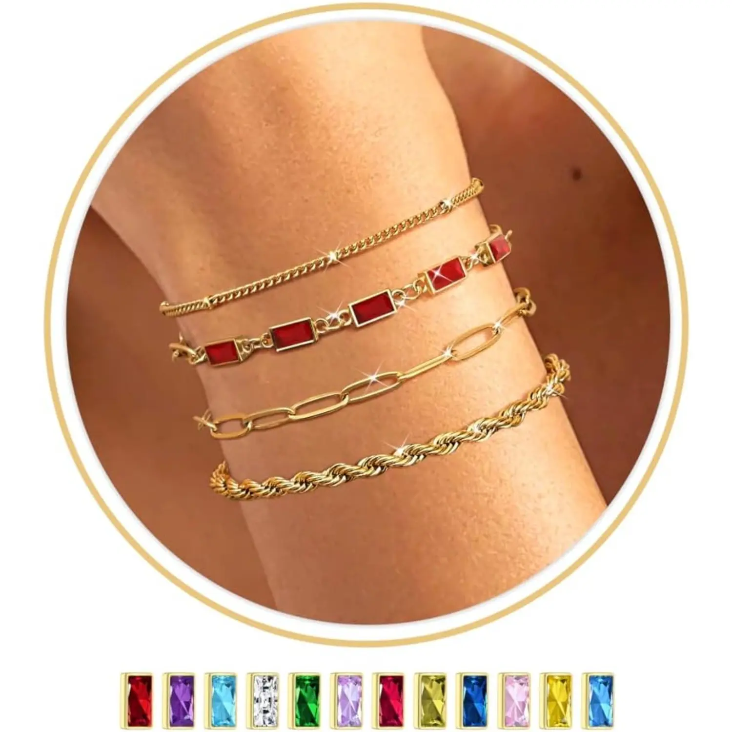 ZELORES Women's 4-Piece 14K Gold-Plated Birthstone Bracelet - Waterproof, Color-Stable, Slim, Emerald Green Friendship Piece, Mom Gift, Birthstone Gift Ideas, Stackable Bracelets, Everyday Wear