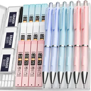 Nicpro 6Pack Pastel Mechanical Pencil 0.5 & 0.7 mm for School, with 12 tubes HB Lead Refills, 3 Erasers, 9 Eraser Refills, Blue & Pink & Violet Colors - with Case
