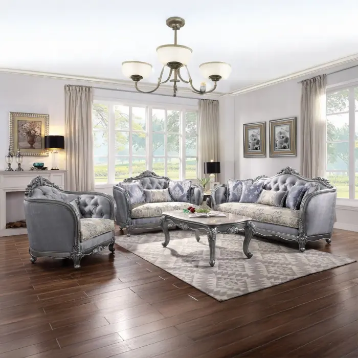 Acme 55345-46 Ariadne Upholstered Sectional Set - Platinum Finish Wood Sofa, Damask Printed Fabric Loveseat, Ornate Accents, Tufted Backs