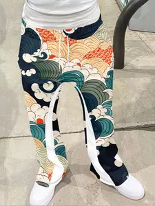 Japanese Ukiyo-E Wave Print Bell Bottoms, Casual Trousers, Casual Long Pants Inspired by Giant Waves, Geometric Pattern, Fitted Style, All Seasons, Cultural