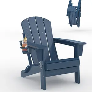 Navy Blue Folding Adirondack Chair, HDPE Outdoor Patio Chair with Cup Holder, All Weather Resistent Wooden Textured for patios, Decks, Gardens, fire Pit